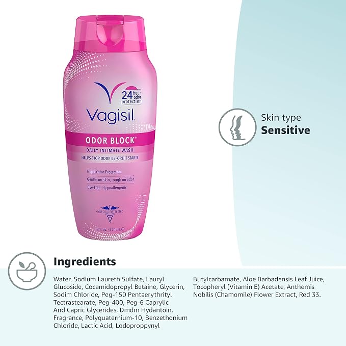 Vagisil Feminine Wash for Intimate Area Hygiene, Odor Block, Gynecologist Tested, Hypoallergenic, 12 oz, (Pack of 2)