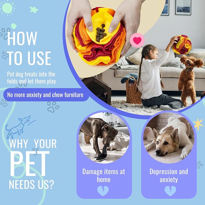 Pet Snuffle Ball, Puzzle Sniffing Interactive Dog Ball for Blind Dogs Training Stress Relief Dog Enrichment Toys Treat Machine Washable (15cm, Sunset Color)