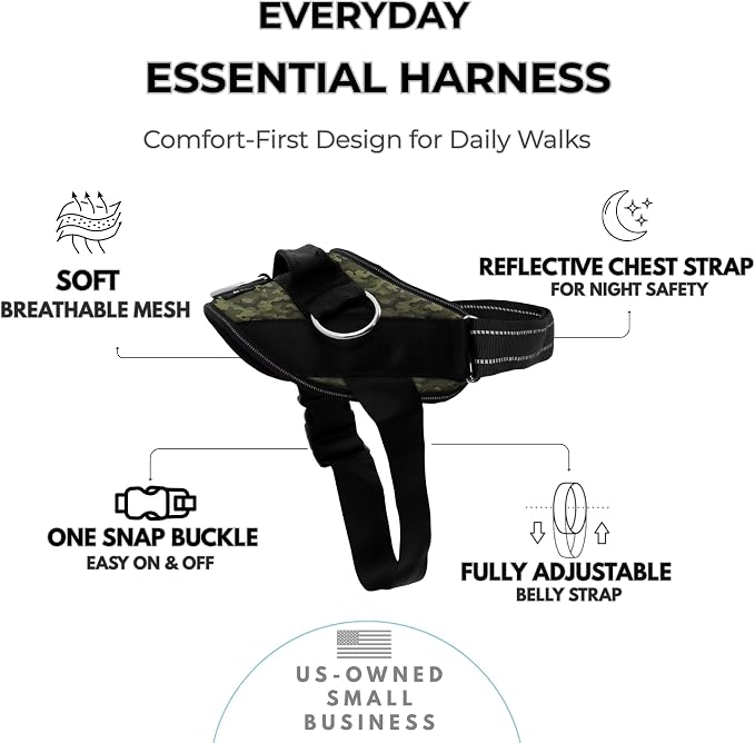 ShawnCo Essential Dog Harness, No-Pull Pet Vest (Military Camo,XL) | 3 Leash Clips, Easy On, No-Choke, Reflective, Adjustable Fit, Padded Comfort, Control Handle, For Small, Medium & Large Dogs