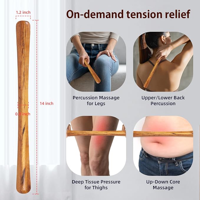 Back Pain Relief Massage Stick, Golden Nanmu Wood Massager to Pound Back- for Muscle Tightness, Fascia Release, Gua Sha, Deep Tissue Sculpting Roller