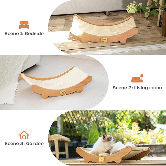 Sisal Cat Scratcher Bed, Wooden Cat Furniture(Extra Large) | Cat Hammock For Scratching Pad And Lounge. Natural Sisal Scratch Post. Space-Saving Cat Chair Design. Indoor Multi-Cat Home
