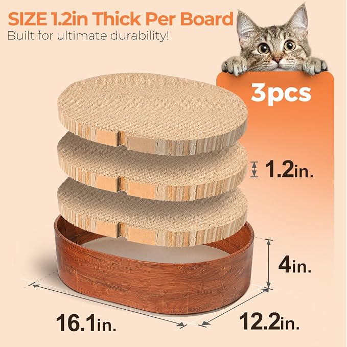 Oval Cat Scratcher Bed 16 in, 3 Reversible Cardboard Scratch Pads for Cats | Cat Scratching Board, Corrugated Cardboard Inserts, Double-Sided Use, Bowl Shape, Furniture Protection, Indoor Floor Use