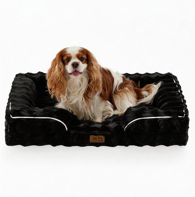 COZY KISS Soft Orthopedic Dog Bed Washable for Medium Small Dogs, M Sized | Soft Warm Pet Sofa with Sides or Bolster, Non-Slip and Big Dog Couch with Removable Waterproof Cover, 30x20 inch, Black