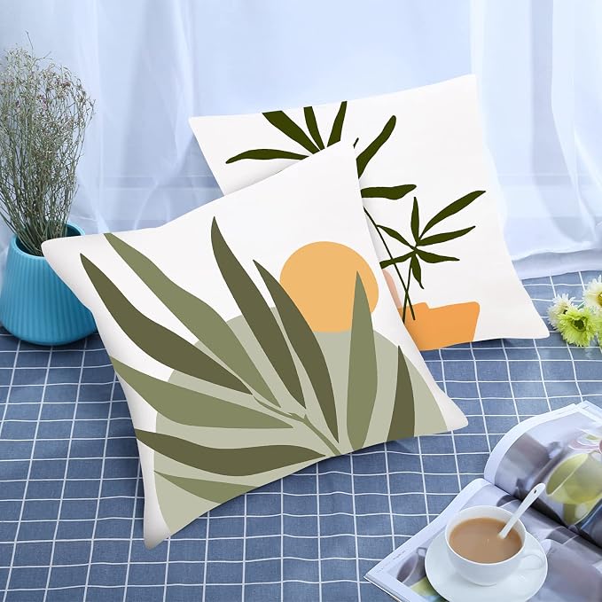 COMMINY Abstract Boho Pillow Covers 18x18 Set of 6,Rustic Sunset Leaves Throw Pillow Cover,Minimalist Modern Pillow Case for Couch Sofa Room Home Decor | Breathable Linen, Botanical Leaf, Sunset Pattern, Standard Pillow Size, Modern Couch Sofa Living R...