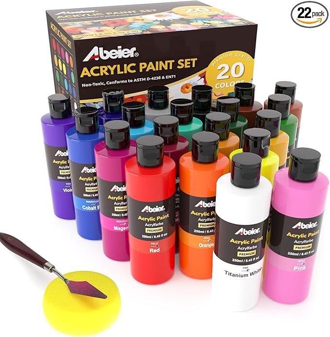 ABEIER Acrylic Paint, 20 Colors (250 ml/8.45oz) Acrylic Paint Bottle Set, Non-Toxic, Rich Pigments Bulk Painting Supplies for Canvas Crafts Wood Ceramic, Ideal for Artists, Beginners and Students