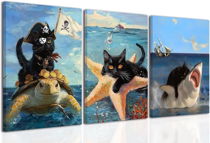 Framed Black Cat Wall Art Funny Cat Shark Turtle Starfish Canvas Wall Decor Ocean Abstract Black Cat Posters Pictures Print for Bedroom Living Room Bathroom 12x16 In