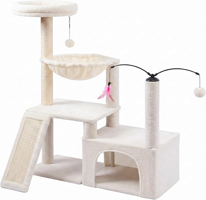 YUNIQUE Multi-Functional Cat Tree Tower, Big Cat Condo with Scratching Board, Rotating Toy & Deep Hammock, Luxury Perch Kitty Furniture for Indoor Cats (White)