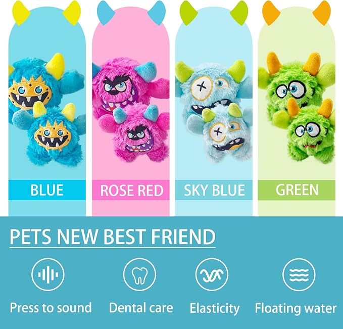 Plush Squeaky Dog Toy Ball, Chew Guard, Soft and Comfortable, Training and Companionship, Little Monster Puppy Toys Suitable for All Breeds, (Blue, Small)