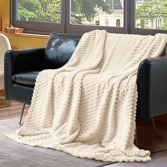 Vessia Flannel Fleece Twin Size Blanket(60x80 inch), 3D Jacquard Cream Fuzzy and Warm Blanket for Couch,Sofa,Chair, 300GSM Super Soft Touch Cozy Lightweight Beige Bed Home Decor for All-Season