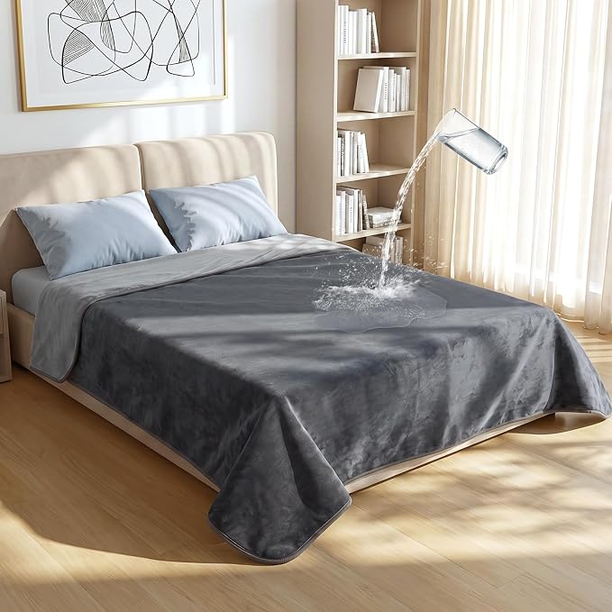 Waterproof Blanket for Queen Bed, Couch, and Sofa, 60"x80", Grey | Reversible Soft Flannel Throw, Furniture Protector, Spill-Proof, for Family, Dog, Cat, Camping, Travel, Noise Free