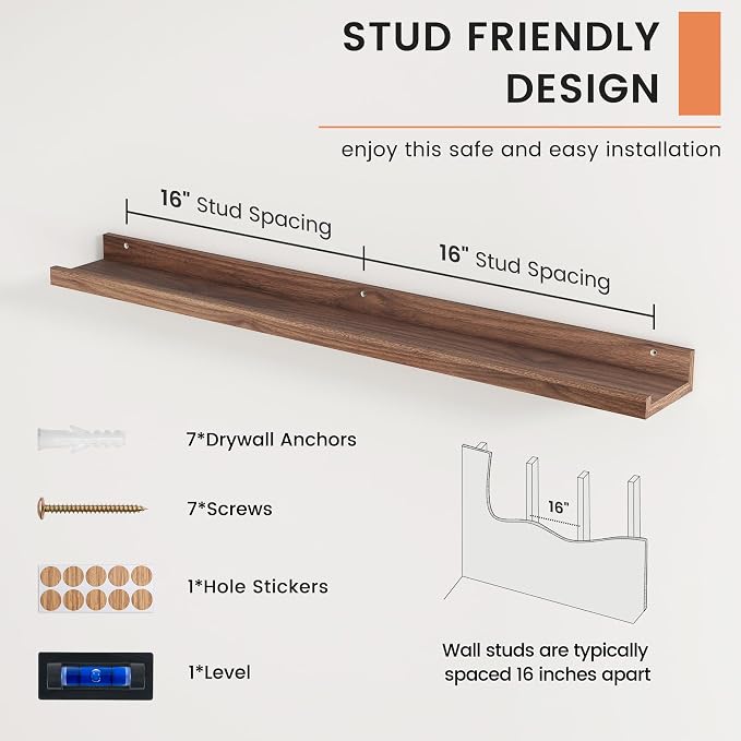 Picture Ledge Shelf, Floating Shelves for Wall, 36" W Set of 2, Walnut | FSC Certified Engineered Wood, Wall Mounted Bookshelf, for Nursery Living Room Bedroom, Pre-Drilled, Easy Install