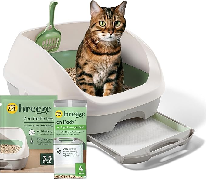 Purina Tidy Cats Breeze Cat Litter Box System Kit with Pellets & Pads | Cat litter box with scoop, plus Zeolite pellets and cat litter pads, easy-to-use kit for odor control