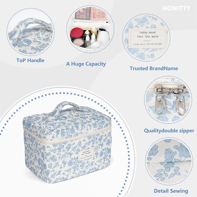 honitty Makeup Bag,Quilted Cosmetic Bags,Large Floral Make Up Bags for Women, Makeup Organize,Flower Travel Toiletry Bag