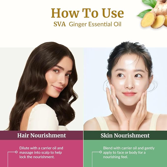 SVA Ginger Essential Oil 4 Fl Oz – for Diffuser, Skin & Hair Care – Ideal for Massage & DIY Blends - with Dropper