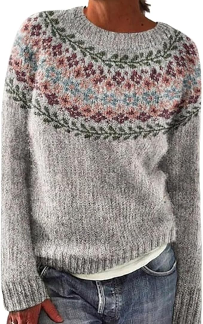 Zhyaj Fair Isle Sweater for Womens Winter Long Sleeve Vintage Knitted Sweater Casual Fall Crew Neck Pullover Sweaters