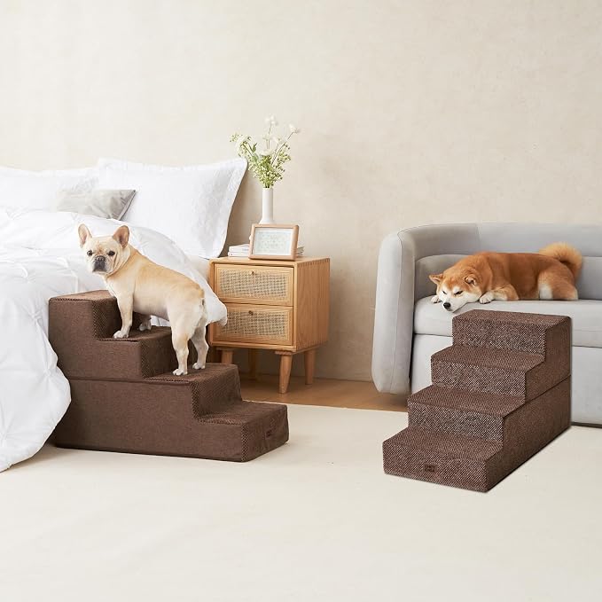 EHEYCIGA Dog Stairs for Bed 20" H, 4-Step Extra Wide Dog Steps, Brown | Pet Steps for Small Dogs and Cats for High Bed, Non-Slip Balanced Pet Ramp Indoor