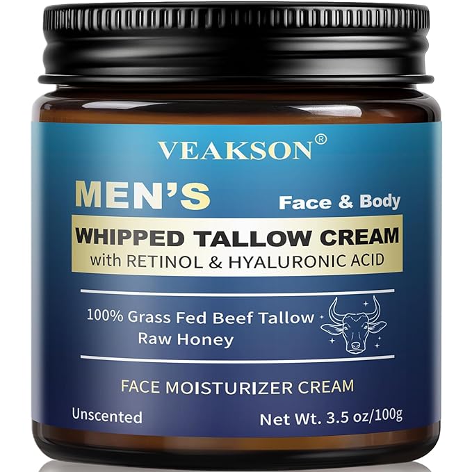 Men's Beef Tallow for Skin, Organic Whipped Grass Fed Tallow and Honey Balm with Anti-Aging Retinol & Hyaluronic Acid, Mens Skin Care Face Cream Moisturizer, Reduces Wrinkles Lines, Unscented, 3.5 OZ
