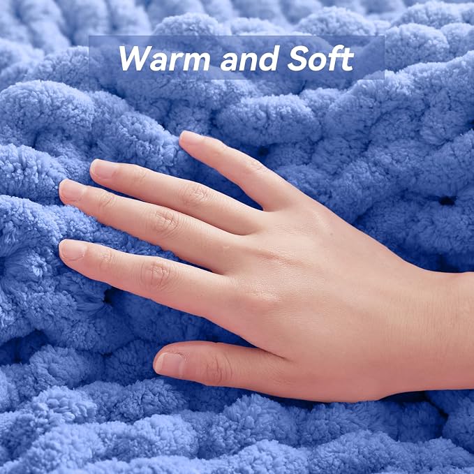 Negwoo Chunky Knit Throw Blanket, Knitted Throw Chenille Yarn, 30"*40" | Soft Thick Cable Knitted Blankets, Handmade Big Thick Blanket, Machine Washable Cute Comfy Blanket for Home Decor, Light blue