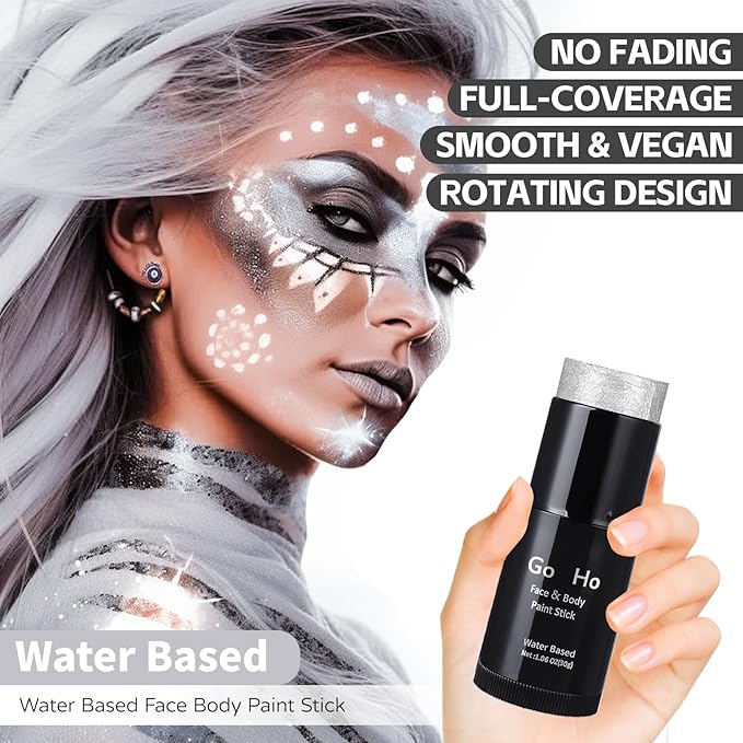 Go Ho Pearl Silver Face Body Paint Stick,Water Based Washable Face Paint Stick,Non-toxic Full-coverage Cream Silver Body Paint for Halloween Costumes Cosplay SFX Makeup