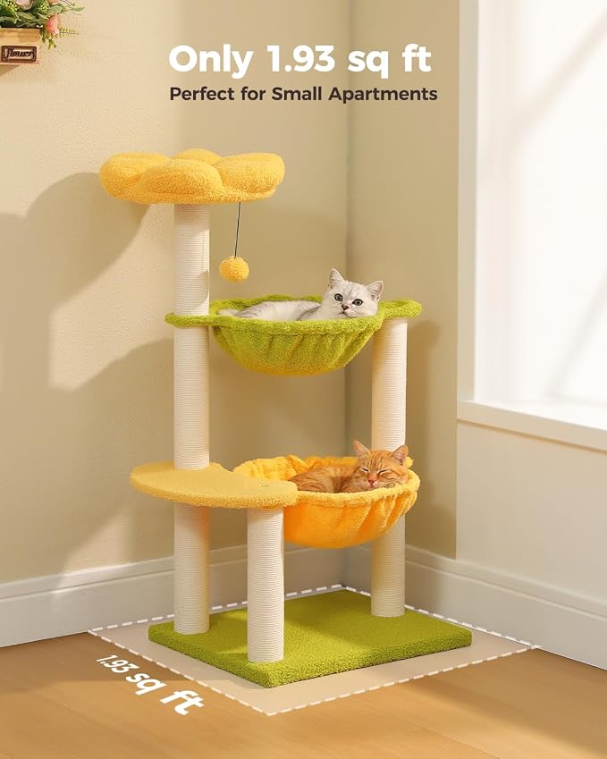 37.4" Flower Cat Tree with 2 Hammocks & 6 Sisal Posts, Yellow | Flower top perch, 2 spacious hammocks, 6 sisal posts, Cute small tower, For indoor kittens, Sturdy build