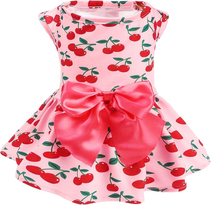 PUPTECK Stylish Cute Dog Dress with Bow Puppy Clothes, Pink Cherry XS | Breathable Lightweight Adorable Puppy Doggie Pet Clothes Outfits Apparel Costume for Party Holiday Photoshoot
