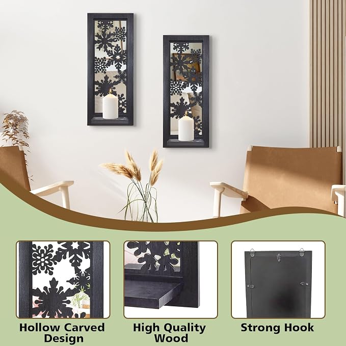 ZEXUIRU 2 Set Rustic Candle Sconces Living Room Bedroom Entryway Wood Mirrored, Farmhouse, Carved Frame Wall-Mount Wooden Candle Holders Wall Decor Hanging Handmade Holder - Black