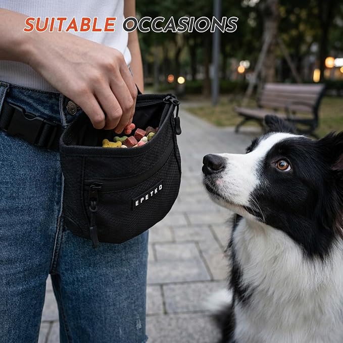 Dog Treat Pouch with Training Clicker, Treat Bag Fanny Pack with Magnetic and Zipper Closure Waterproof and Durable Treat Pouches for Pet Training Walking (Black)