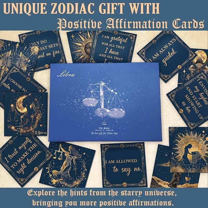 Faivykyd Libra Crystals Gift - 6 Libra Zodiac Natural Stones w/ 50 Miracle Mantras Affirmation Cards, Healing Astrology Gifts for Promoting Positive Energy, Self-Care, Love & Wealth