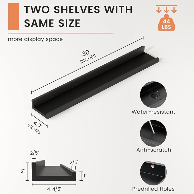 Picture Ledge Shelf, Floating Shelves for Wall, 30" W Set of 2, Black | FSC Certified Engineered Wood, Wall Mounted Bookshelf, for Nursery Living Room Bedroom, Pre-Drilled, Easy Install