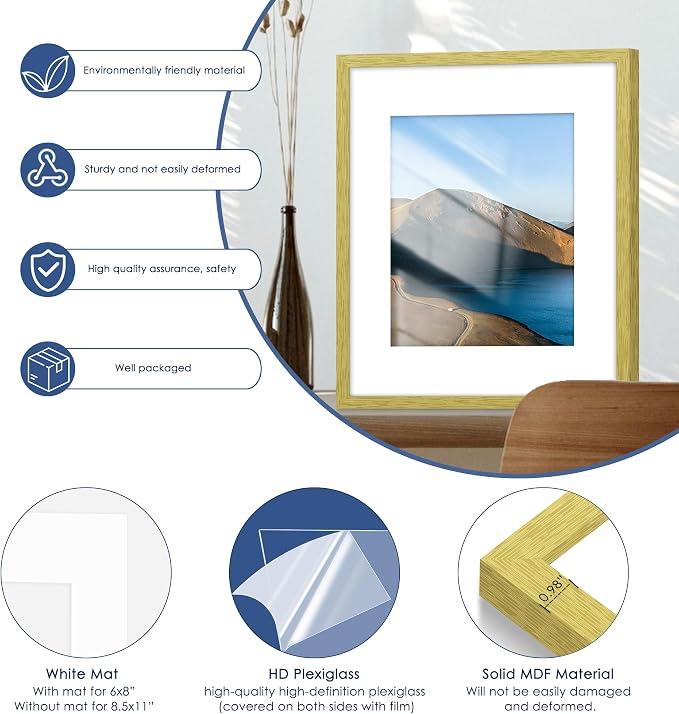16x20 Picture Frame Set of 6, Wall Mount Display, Gold | Display Pictures 11x14 with Mat or 16x20 Without Mat, Horizontal or Vertical, Gallery Wall Frame Set, Wedding Birthday Gifts