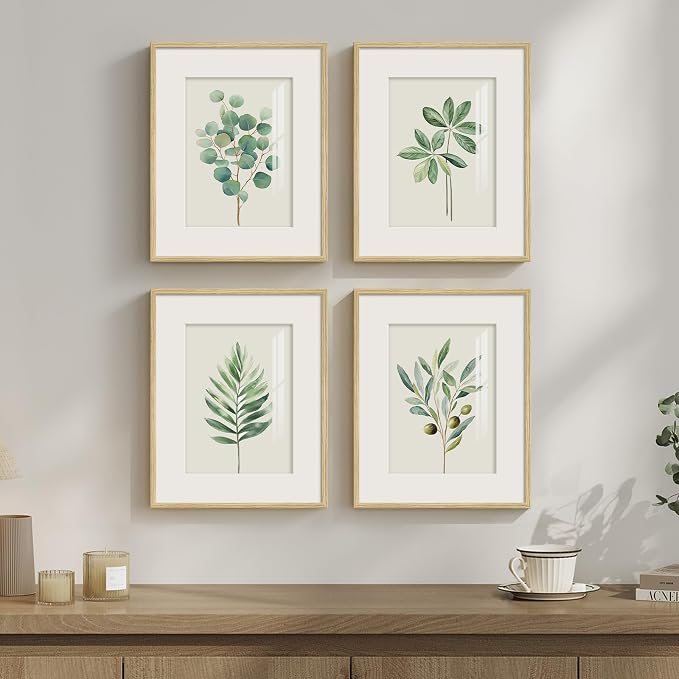 Framed Minimalist Sage Green Botanical Kitchen Wall art, 4 Piece 8x10 In | Green leaf plant pictures, Boho modern farmhouse wall decor, Plexiglass with mat prints, Bedroom bathroom hallway decor