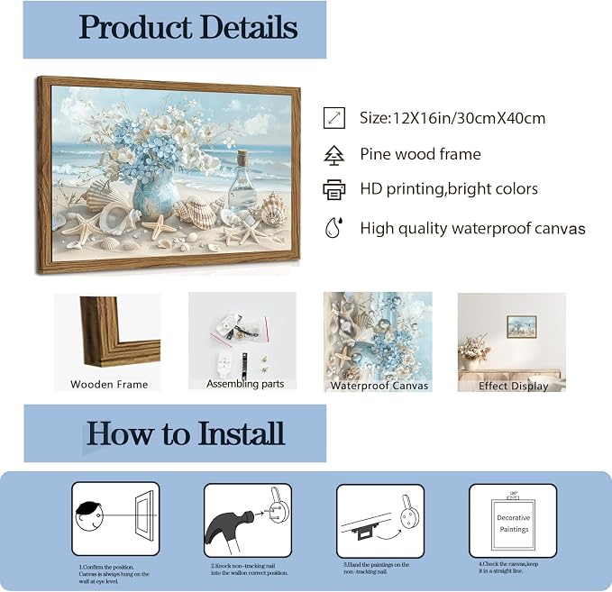 Framed Beach Canvas Wall Art, Blue Coastal Pictures Wall Decor Paintings, Ocean with White Floral Shell Poster Prints, Modern Seascape Artwork Home Decor for Living Room Bathroom 12x16 inch