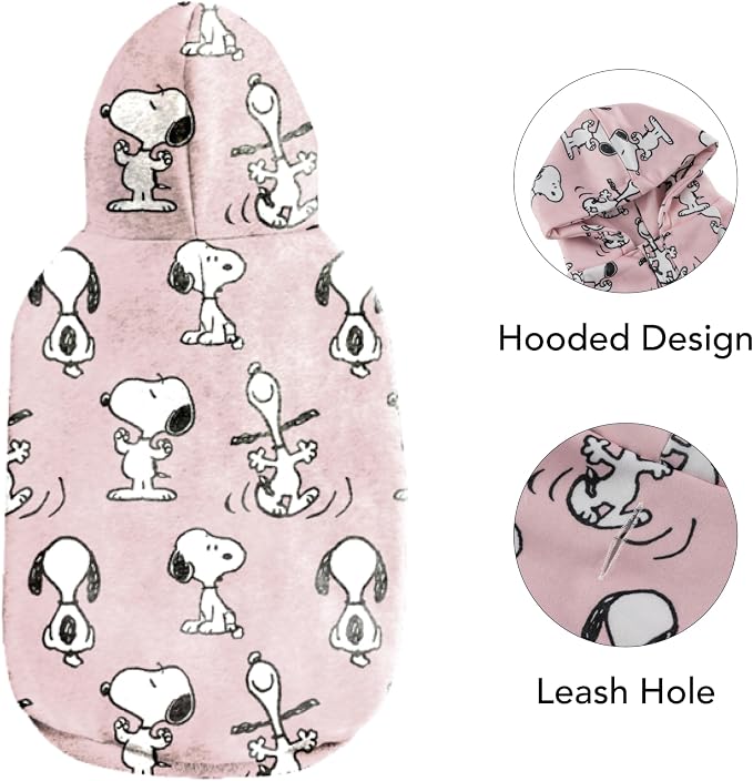 Berkshire Peanuts® Dog Hoodie, Pet Sweater with Leash Hole & Elastic Sleeve, Snug Fit for Puppies, Kittens, and Small Dogs, Small, Moods of Snoopy Mini Blush