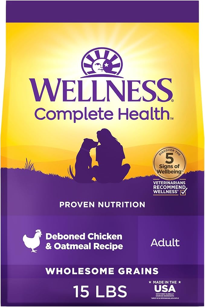 Wellness Complete Health Adult Dry Dog Food, Wholesome Grain Kibble, Natural, Chicken and Oatmeal Recipe, 15 lb Bag