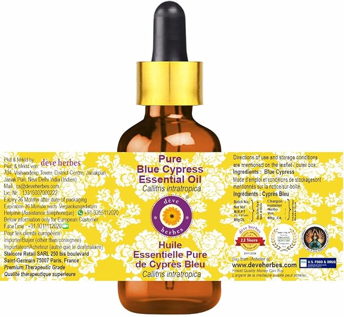 dève herbes Pure Blue Cypress Essential Oil (Callitris intratropica) with Glass Dropper Natural Therapeutic Grade Steam Distilled (Pack of Three) 100mlx3 (10 oz)