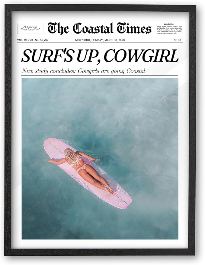 iHery 16x20in Surf’s Up Cowgirl Framed Newspaper Wall Art | Premium Black Natural OAK Wood Frame with Canvas Print, Coastal Western Decor for Bedroom, Girl Dorm, Living Room 1Pack