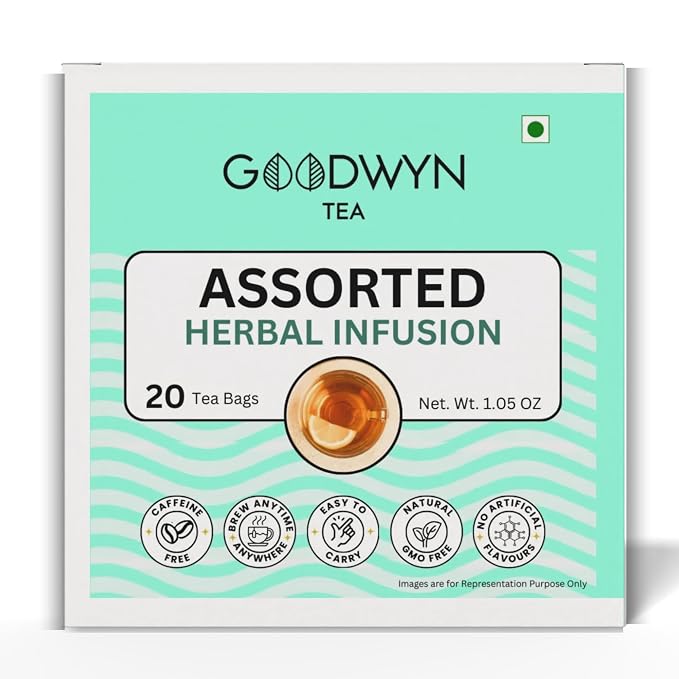 Goodwyn Assorted Herbal Tea Sampler, 20 Tea Bags, 4 Varieties - Chamomile, Spearmint, Hibiscus & Turmeric Blend | Caffeine Free | Plastic Free Bags