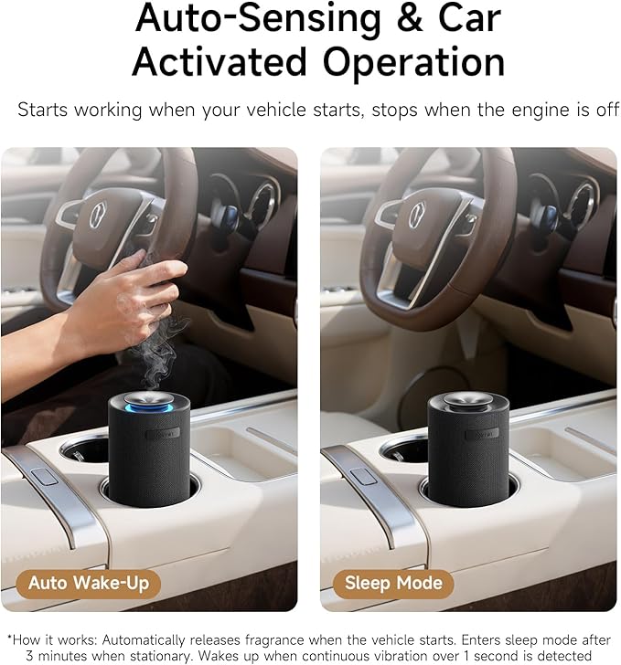 Car Scent Diffuser with Smart Auto Start-Stop Sensor, Waterless Car Essential Oil Diffuser for Home, Cordless Rechargeable Portable Air Freshener, Adjustable Scent Modes, Fits 5/10/15ml