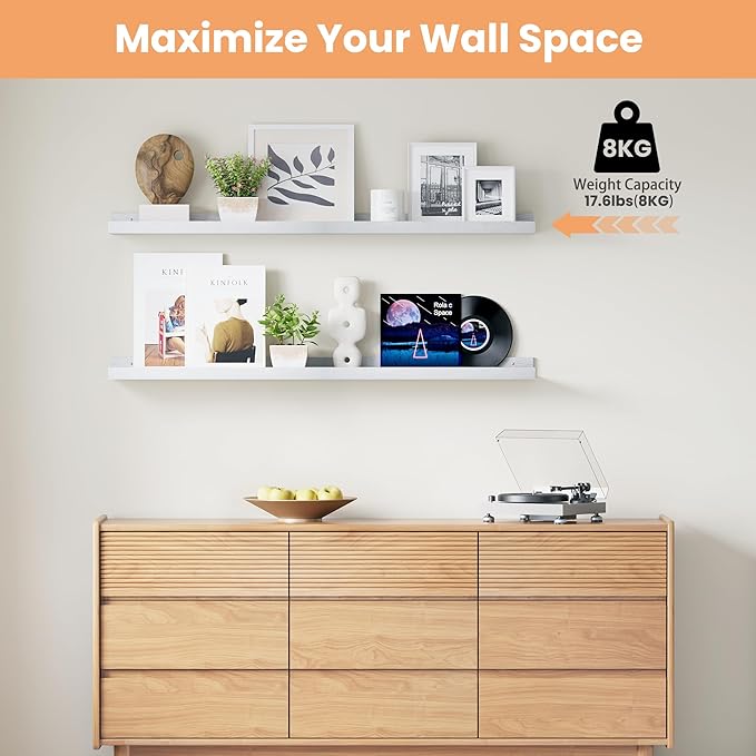 upsimples Floating Shelves for Wall Decor and Storage, White, 6Pcs 47.3'' | Wall Mounted Wood Shelves for Living Room, Bedroom, Kitchen, Office, Hallways Display and Organize Photos