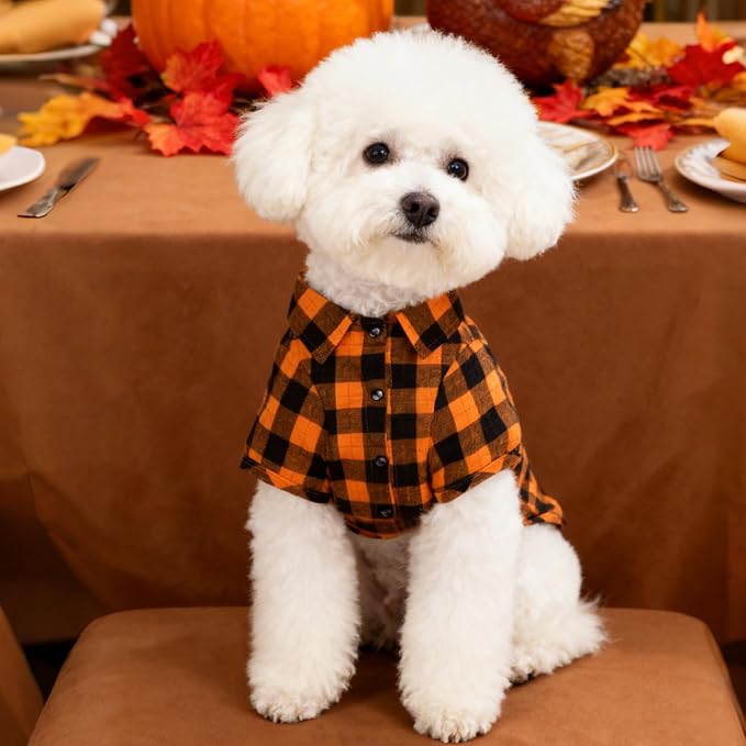 PUPTECK Classic Plaid Dog Shirt, Puppy Polo T-Shirt Clothes, Orange S | Soft Cotton Button Up Dog Clothes for Small Medium Dogs Boy Girl, Fashion Pet Tee, Chic Casual Pet Outfit Apparel