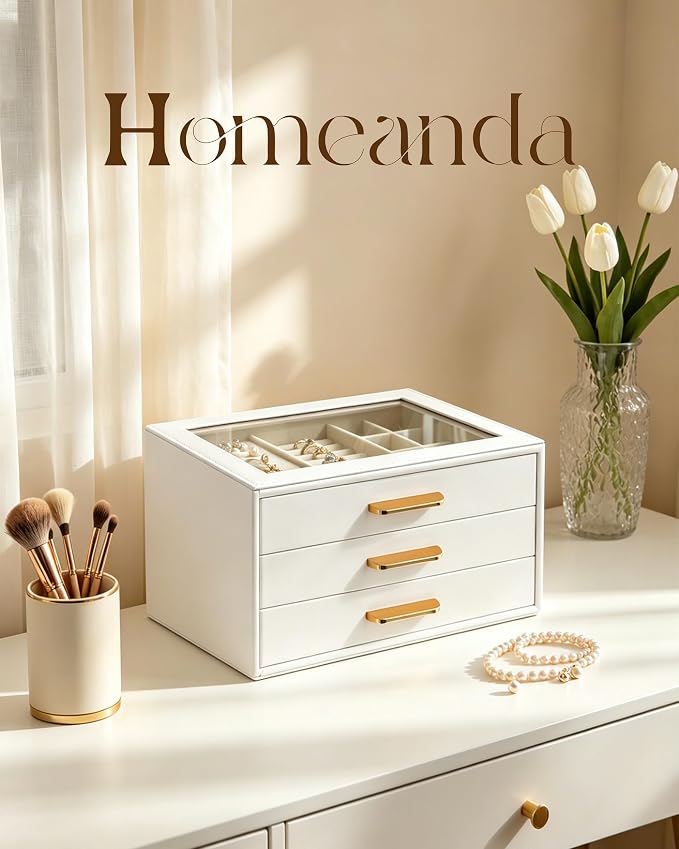 Homeanda Jewelry Boxes Organizer with Glass Lid, 3-Layer PU Leather, White | Modern style display case with 3 drawers for daily jewelry, women, mom or girl gift