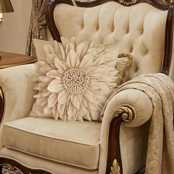 Beige Taupe Accent Flower Decorative Throw Pillow Covers for Bed Sofa Couch | Bella's Giftshop Handmade Sunflower Taffeta Pillow Cases Living Room Bedroom Decor, 18x18 Inch