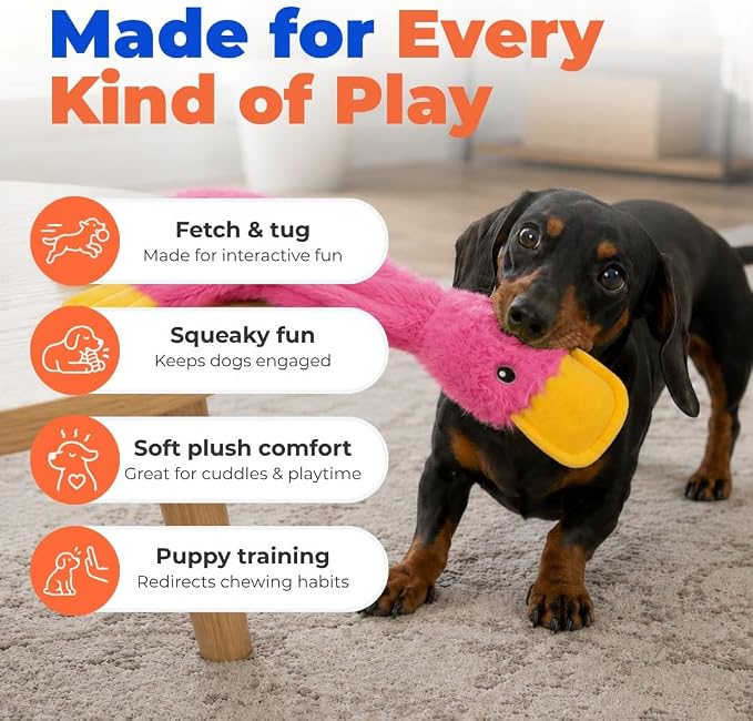 Best Pet Supplies Interactive Squeaky Dog Toy - Crinkle Duck, Pink | Stuffing Free Body, Soft, Squeaks & Crinkles, No Mess, Perfect for Moderate Chewers, Toss and Fetch Play