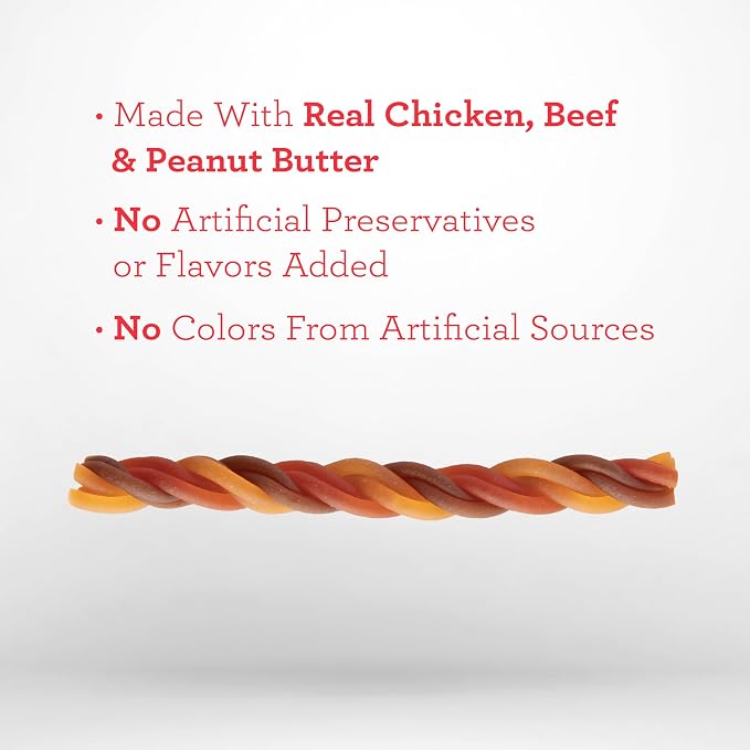 DreamBone Peanut Butter Twisties Rawhide-Free Dog Treats, 25 Count | Daily Chew, Digests Safely and Completely, Made With Real Protein, Chicken, Beef, Peanut Butter and Veggies, For Adult Dogs