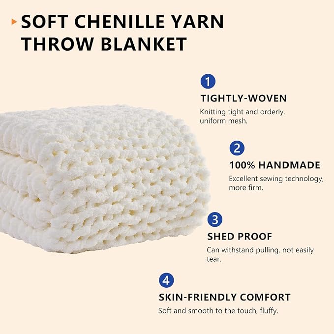 L'AGRATY Chunky Knit Throw Blanket for Couch, 60 x 80 Inches, Cream White | Handmade Chenille Crochet Blanket for Sofa Bed, Thick Cable Knitted Blankets for Room Home Decor, Birthday Gift for Women Mom