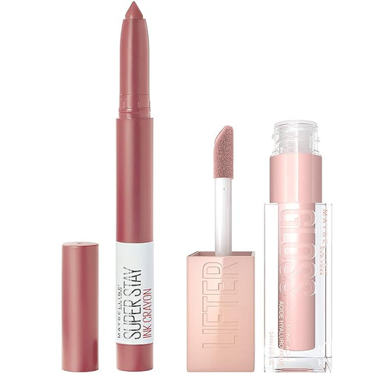 Maybelline Super Stay Ink Crayon Lipstick Makeup, Lead The Way, Pink Beige + Maybelline Lifter Gloss, Ice, Pink Neutral Bundle
