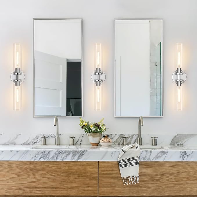 Indoi Wall Sconces Set of Two, Hardwired Chrome Bathroom Sconces Wall Lighting with Clear Glass, Modern Sconces Wall Decor Set of 2 Bathroom Light fixtures for Mirror Living Room Hallway Bedroom