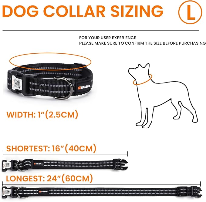 Personalized Dog Collar with QR Code Dog Tag, Black L | Anti-lost, 1000D nylon, reflective, padded, XS-L(8"-24"), QR buckle shares lost pet profile, location alerts when scanned