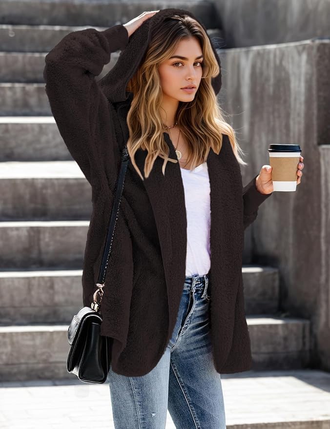 Zilcremo Women Hooded Cardigan Fuzzy Jacket Winter Open Front Fleece Coat Outwear with Pockets
