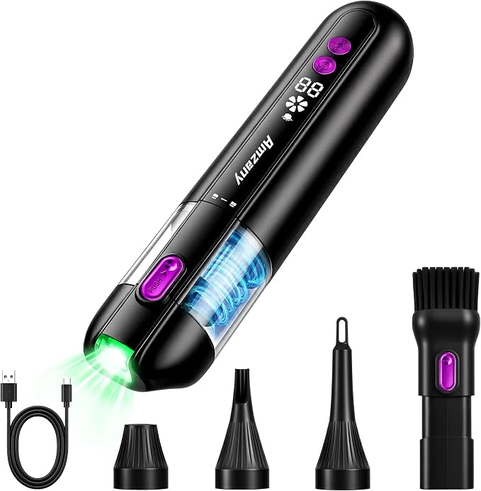 Amzany Cordless Handheld Vacuum for Car & Home, 19000Pa Suction, 80000RPM Brushless Motor, 4 in 1 Mini Portable Pet Hair Vacuum Cleaner, Green LED Dust Detection, 435g Lightweight, Type-C Charging
